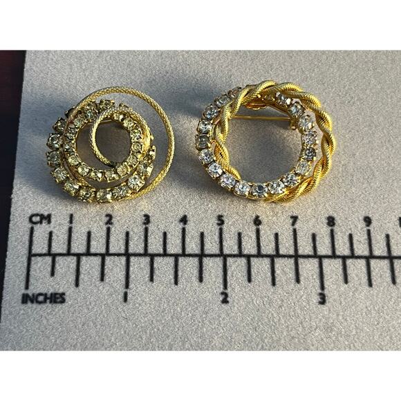 VTG Rhinestone Brooch Lot of 2 Gold Tone Concentric Circles Coquette Glam Bling - Picture 8 of 8